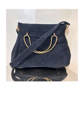 Vintage TALON Navy Blue Suede Shoulder Bag with Gold Hardware Details